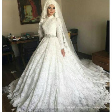 White Arab Long Sleeve High Collar Neck Muslim Bridal wedding dress with HiJab